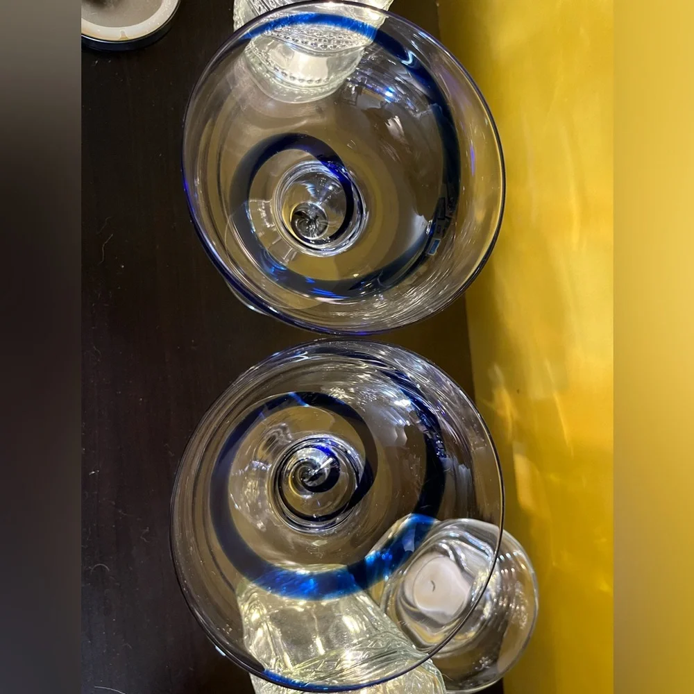 Set of 2 Pier 1 cobalt blue swirl mouthblown margarita glasses